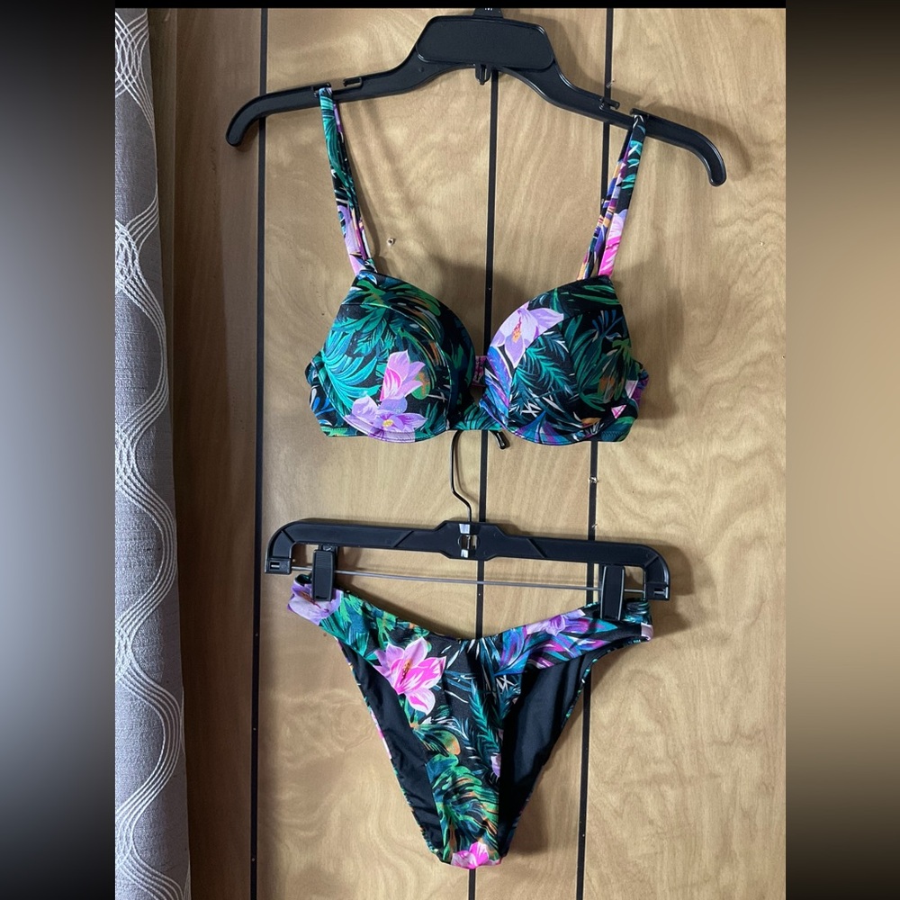 Victoria's Secret Black Floral Push-Up Bikini with Green and Pink Leaves